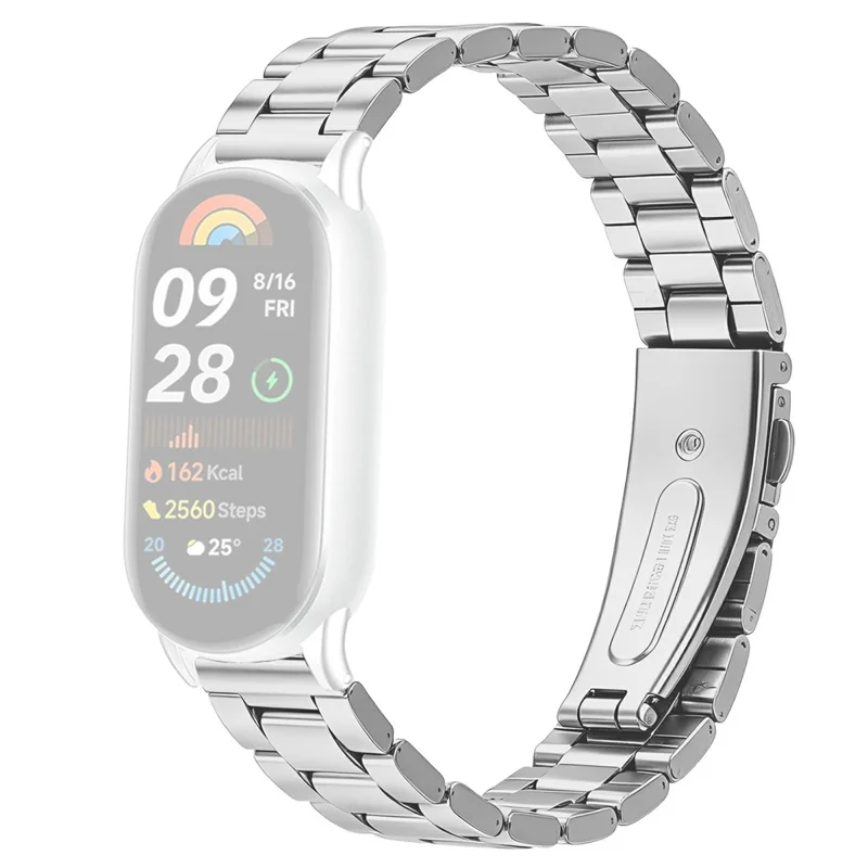 Stainless Steel Band for Xiaomi Smart Band 10 / 9 / 8 Three-bead Watch Strap with Folding Clasp - Silver