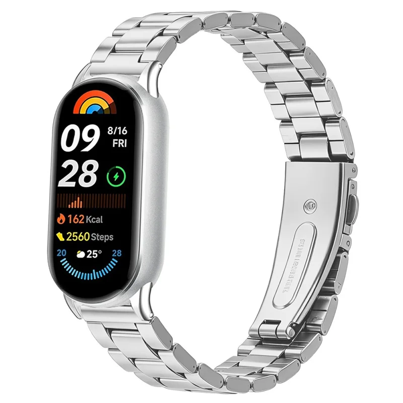 Stainless Steel Band for Xiaomi Smart Band 10 / 9 / 8 Three-bead Watch Strap with Folding Clasp - Silver