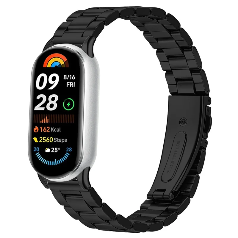 Watch Strap for Xiaomi Smart Band 10 / 9 / 8 Stainless Steel Three-bead Band with Folding Clasp - Black