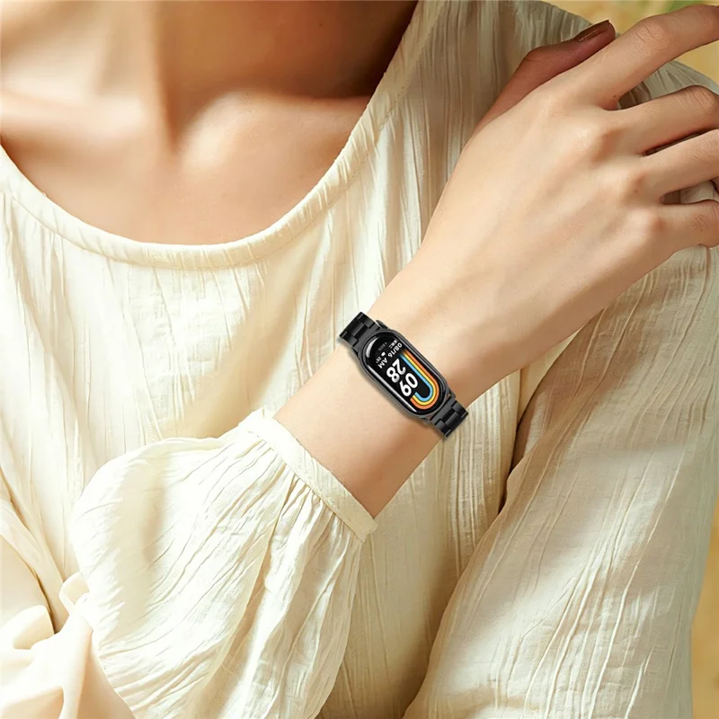 Watch Strap for Xiaomi Smart Band 10 / 9 / 8 Stainless Steel Three-bead Band with Folding Clasp - Black