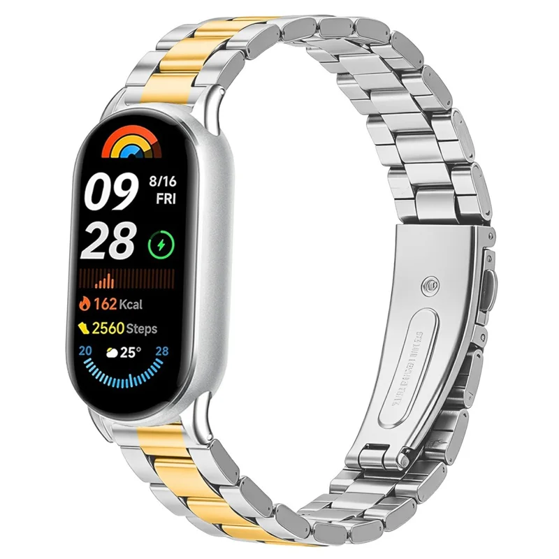Metal Watch Strap for Xiaomi Smart Band 10 / 9 / 8 Three-bead Stainless Steel Bracelet with Folding Clasp - Silver / Gold