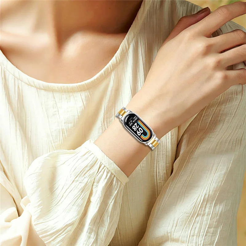 Metal Watch Strap for Xiaomi Smart Band 10 / 9 / 8 Three-bead Stainless Steel Bracelet with Folding Clasp - Silver / Gold