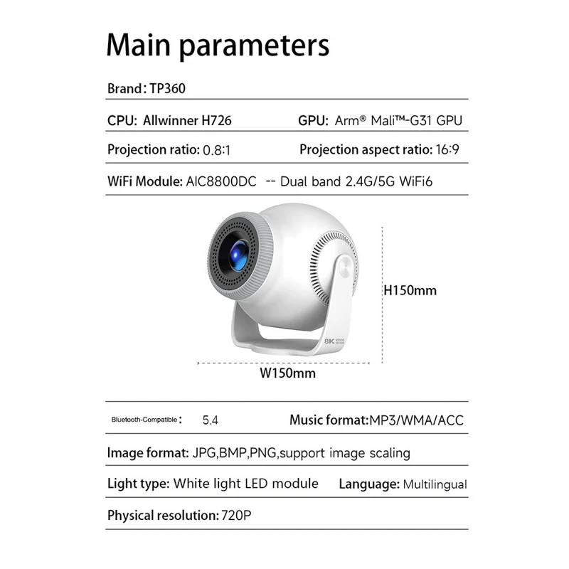 TP360 Mini Smart Projector Android 14.0 WiFi 6 Bluetooth-compatible 5.4 270 Degree Rotate for Home Outdoor - US Plug