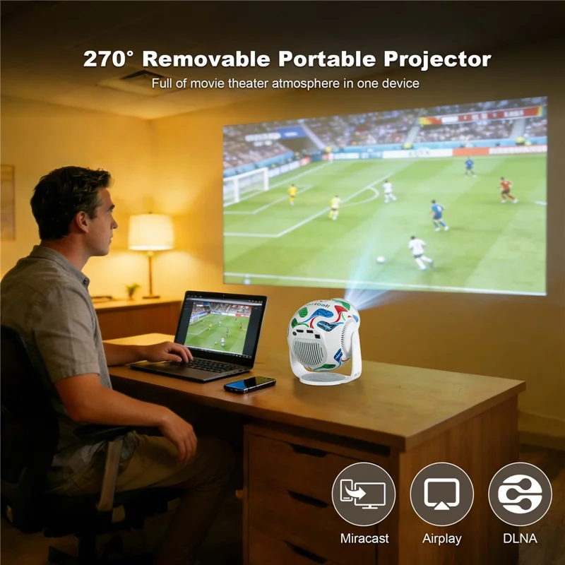 TP360 Football Design Mini Smart Projector Android 14.0 WiFi 6 Bluetooth-compatible 5.4 270 Degree Rotate for Home Outdoor - US Plug