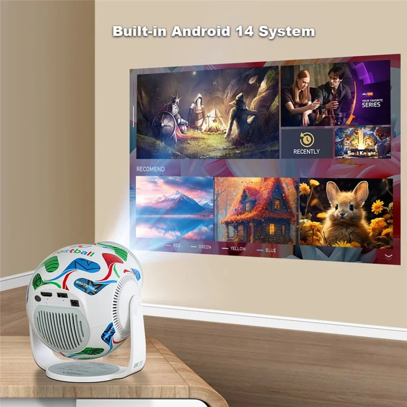 TP360 Football Design Mini Smart Projector Android 14.0 WiFi 6 Bluetooth-compatible 5.4 270 Degree Rotate for Home Outdoor - US Plug