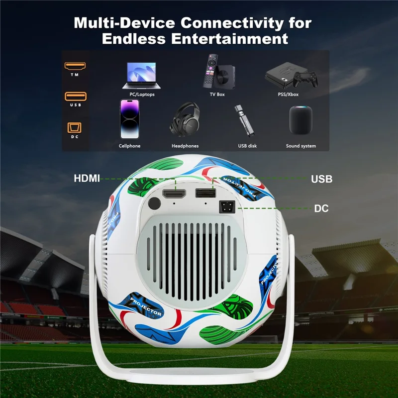 TP360 Football Design Mini Smart Projector Android 14.0 WiFi 6 Bluetooth-compatible 5.4 270 Degree Rotate for Home Outdoor - US Plug