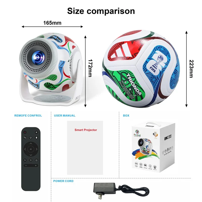 TP360 Football Design Mini Smart Projector Android 14.0 WiFi 6 Bluetooth-compatible 5.4 270 Degree Rotate for Home Outdoor - US Plug