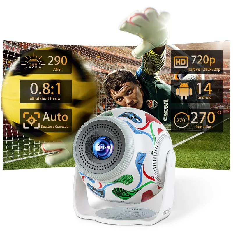 TP360 Football Design Mini Smart Projector Android 14.0 WiFi 6 Bluetooth-compatible 5.4 270 Degree Rotate for Home Outdoor - US Plug