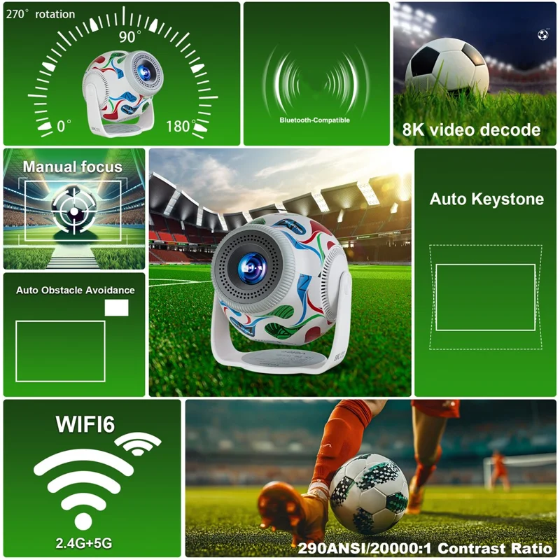 TP360 Football Design Mini Smart Projector Android 14.0 WiFi 6 Bluetooth-compatible 5.4 270 Degree Rotate for Home Outdoor - US Plug