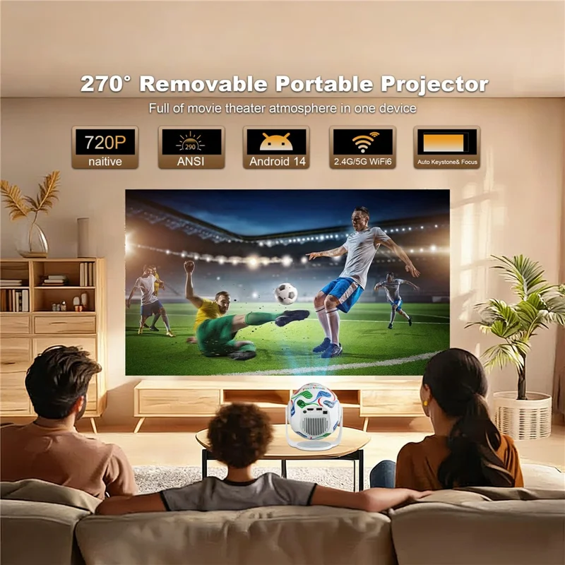 TP360 Football Design Mini Smart Projector Android 14.0 WiFi 6 Bluetooth-compatible 5.4 270 Degree Rotate for Home Outdoor - US Plug