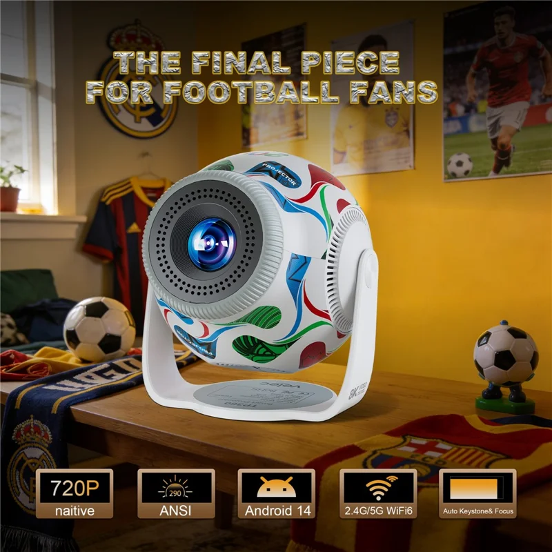 TP360 Football Design Mini Smart Projector Android 14.0 WiFi 6 Bluetooth-compatible 5.4 270 Degree Rotate for Home Outdoor - US Plug