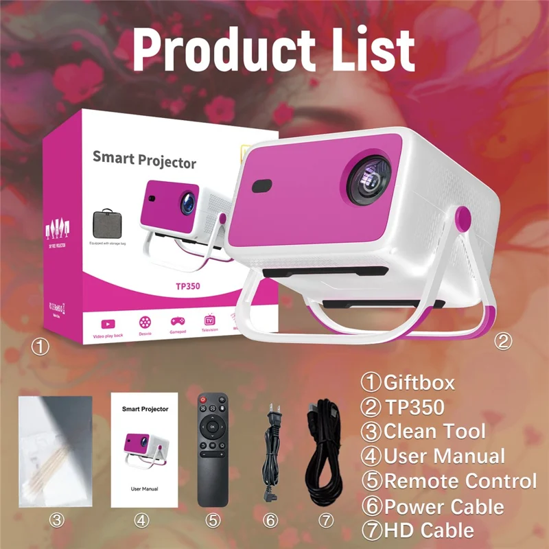 TP350 ASOP 1080P Smart Projector Android 11 Auto Focus WiFi 6 BT5.2 for Home Theater - US Plug