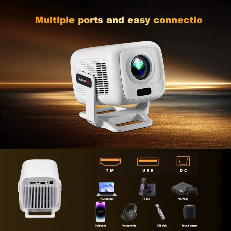 Projecteur TP300 NTV 1080P, Android 13, puce Amlogic T950D4, compatible Netflix, WiFi6 pour home cinéma - Blanc / Prise US