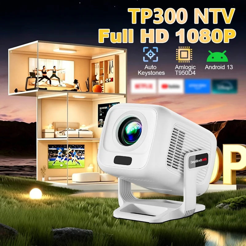 Projecteur TP300 NTV 1080P, Android 13, puce Amlogic T950D4, compatible Netflix, WiFi6 pour home cinéma - Blanc / Prise US