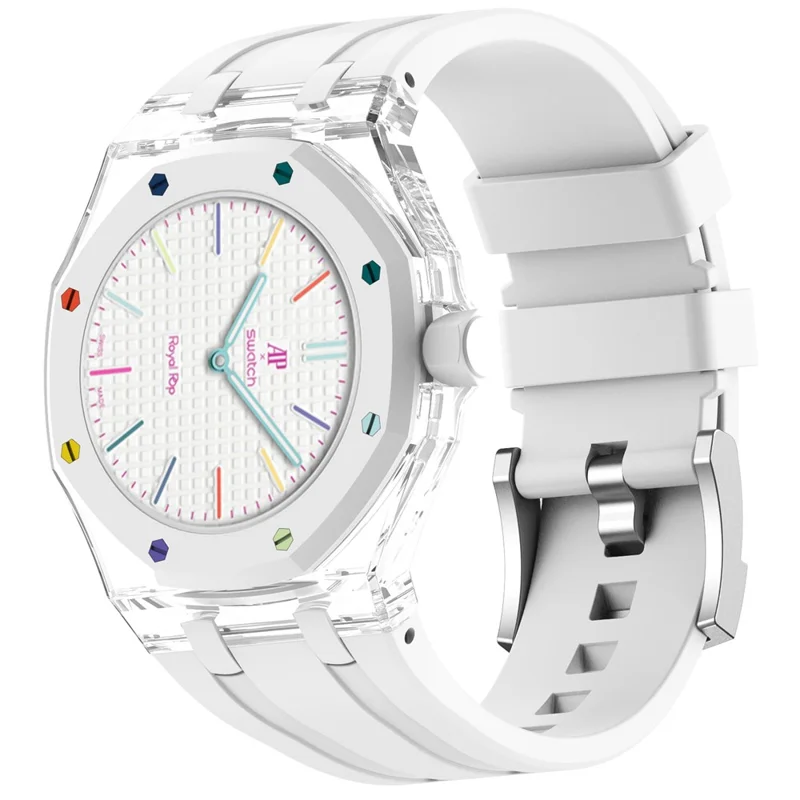 Correa de silicona For Swatch Royal Pop con corona a las 3 y carcasa transparente de policarbonato - Blanco
