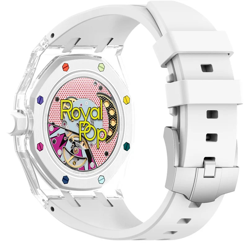 Correa de silicona For Swatch Royal Pop con corona a las 3 y carcasa transparente de policarbonato - Blanco