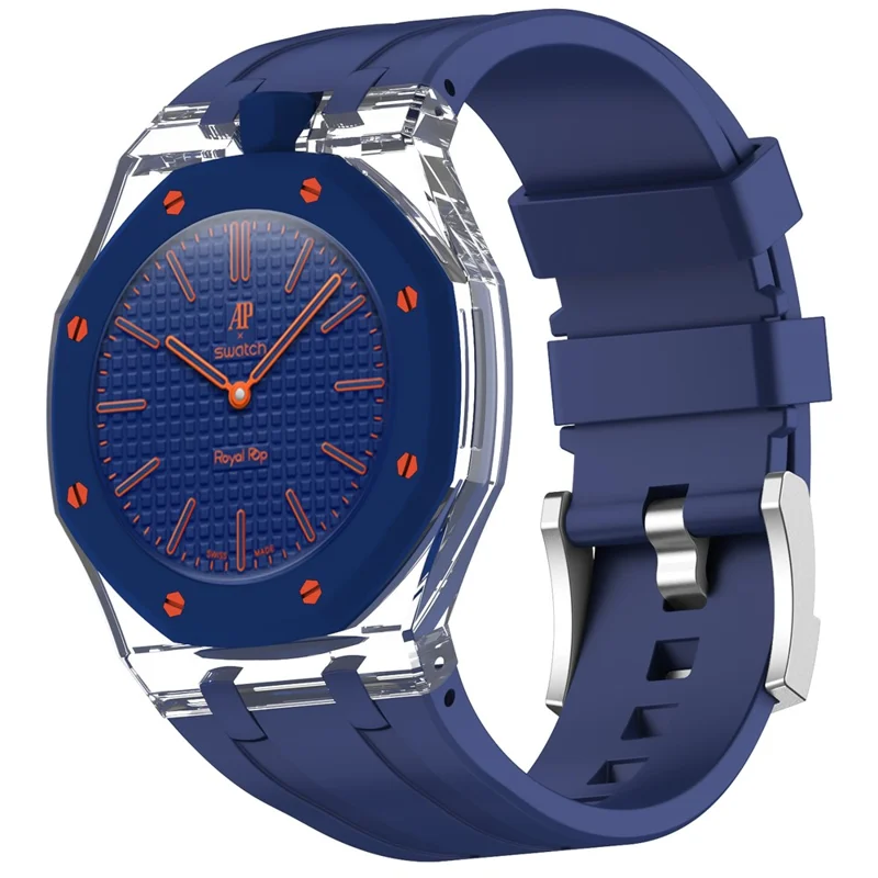 Correa de silicona For Swatch Royal Pop con corona a las 12 y carcasa transparente de policarbonato - Azul oscuro