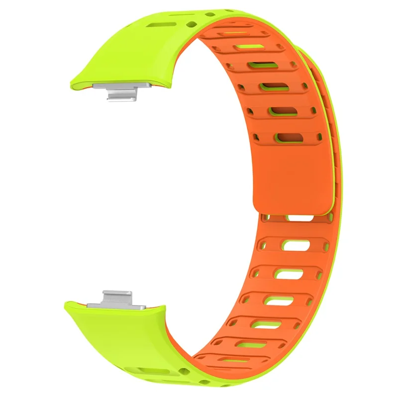 Silicone Strap for Xiaomi Smart Band 10 Pro / 9 Pro / 8 Pro / Redmi Watch 6 / 5 / 4 Magnetic Breathable Two-Tone Replacement Band - Grass Green+Orange