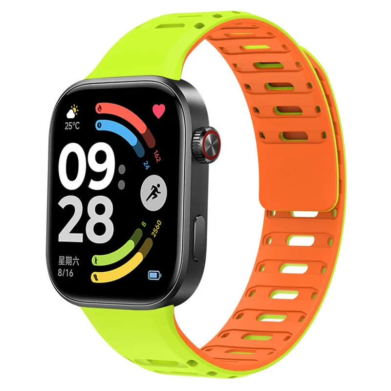 Silicone Strap for Xiaomi Smart Band 10 Pro / 9 Pro / 8 Pro / Redmi Watch 6 / 5 / 4 Magnetic Breathable Two-Tone Replacement Band - Grass Green+Orange