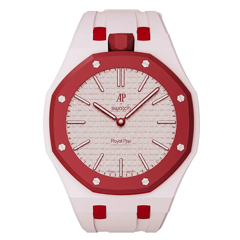 For Swatch Royal Pop Strap Dual Color Ceramic Case with Integrated Silicone Watch Band - Pink Ceramic / 12 O'clock Direction