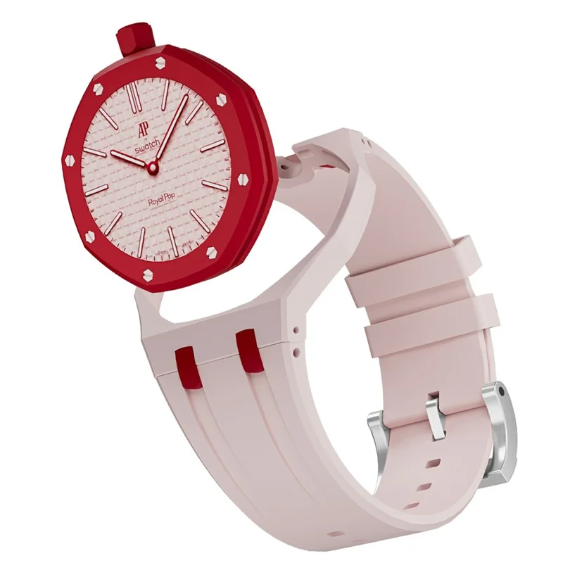 For Swatch Royal Pop Strap Dual Color Ceramic Case with Integrated Silicone Watch Band - Pink Ceramic / 12 O'clock Direction
