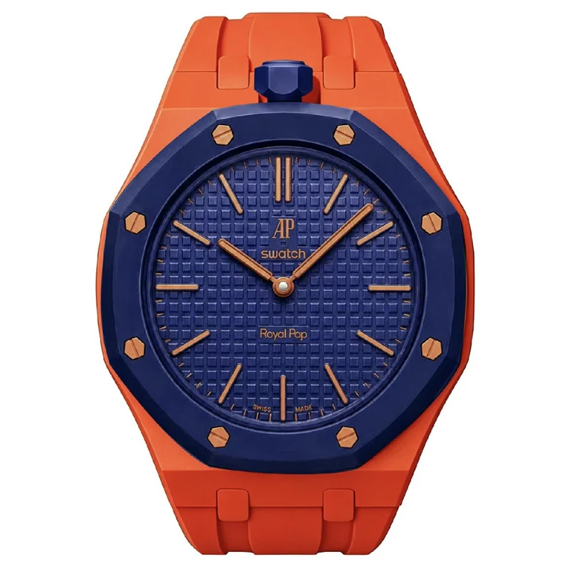 For Swatch Royal Pop Watch Band Scratch-Resistant Silicone Integrated Strap with Ceramic Watch Case - Orange-red / 12 O'clock Direction
