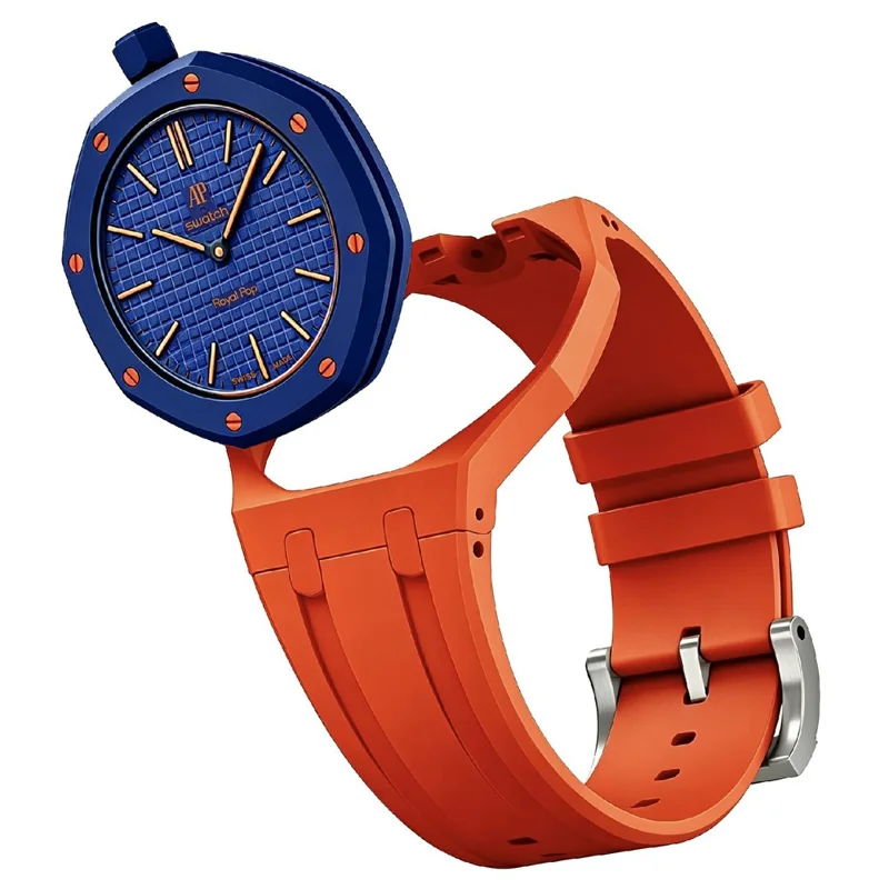 For Swatch Royal Pop Watch Band Scratch-Resistant Silicone Integrated Strap with Ceramic Watch Case - Orange-red / 12 O'clock Direction