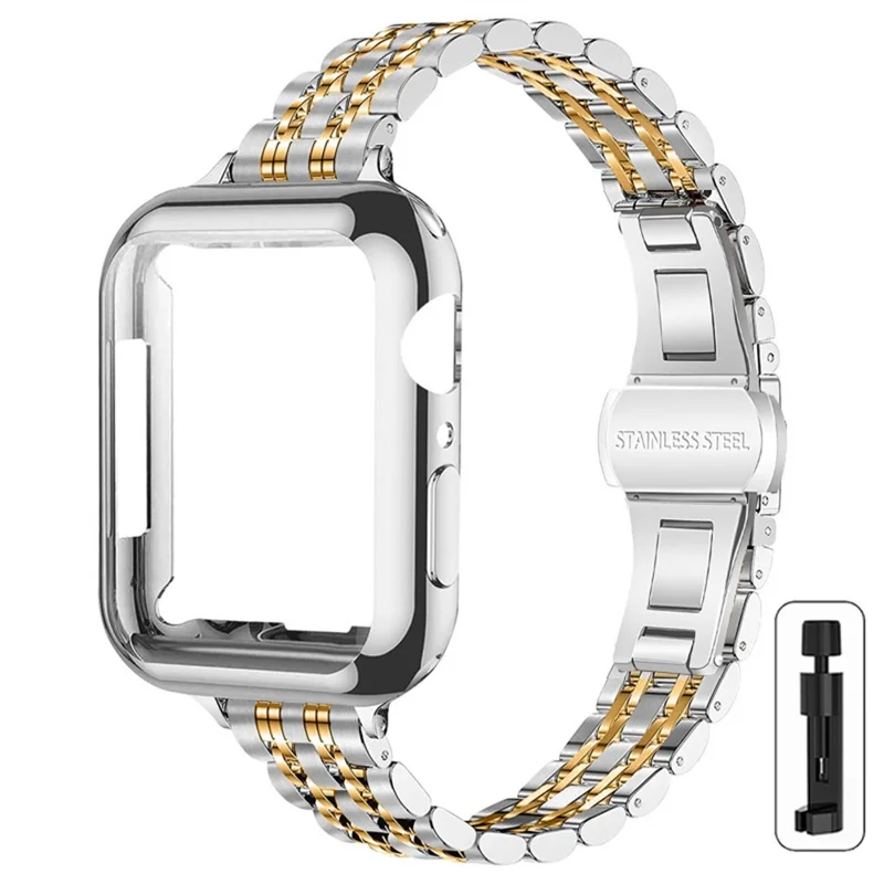 For Apple Watch Series 11 10 46mm Band 7-Bead Stainless Steel Strap with Full Coverage TPU Watch Case and Removal Tool - Silver / Gold