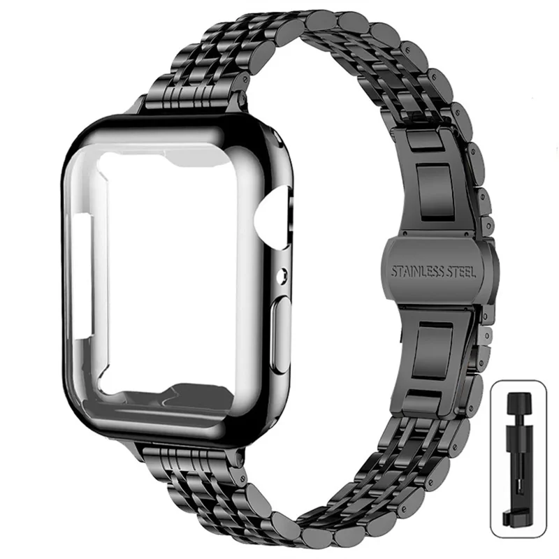 For Apple Watch Ultra 3 2 1 49mm Band 7-Bead Stainless Steel Strap with Full Coverage TPU Watch Case and Removal Tool - Black