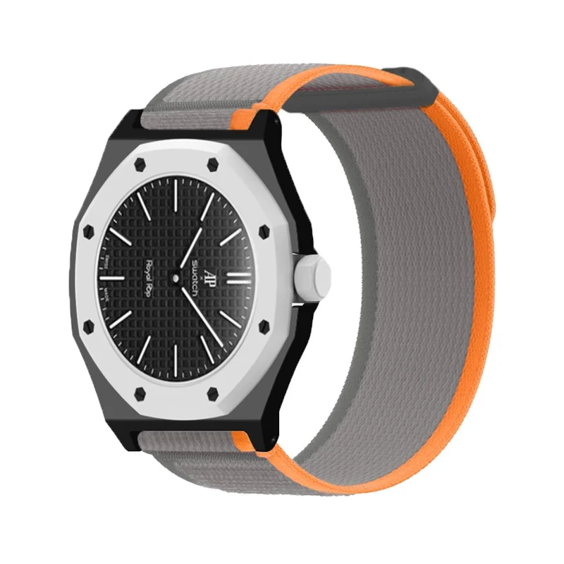 For Swatch Royal Pop Watch Strap with Case Two-Section Loop Sport Nylon Band - Orange+Grey