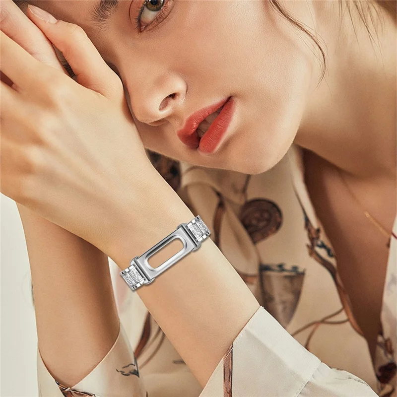 For Google Fitbit Air Watch Band Three-Bead Rhinestone Decor Stainless Steel Strap - Silver