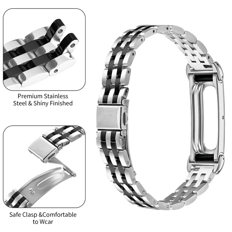 For Google Fitbit Air Metal Watch Band Contrast Color Stainless Steel Five-Bead Slim Strap - Silver / Black