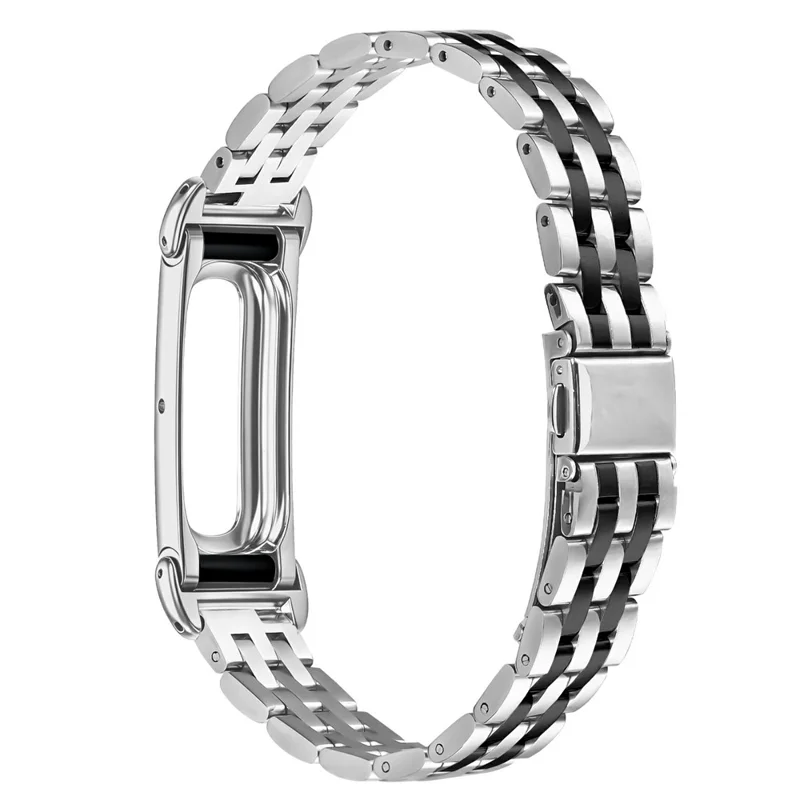 For Google Fitbit Air Metal Watch Band Contrast Color Stainless Steel Five-Bead Slim Strap - Silver / Black