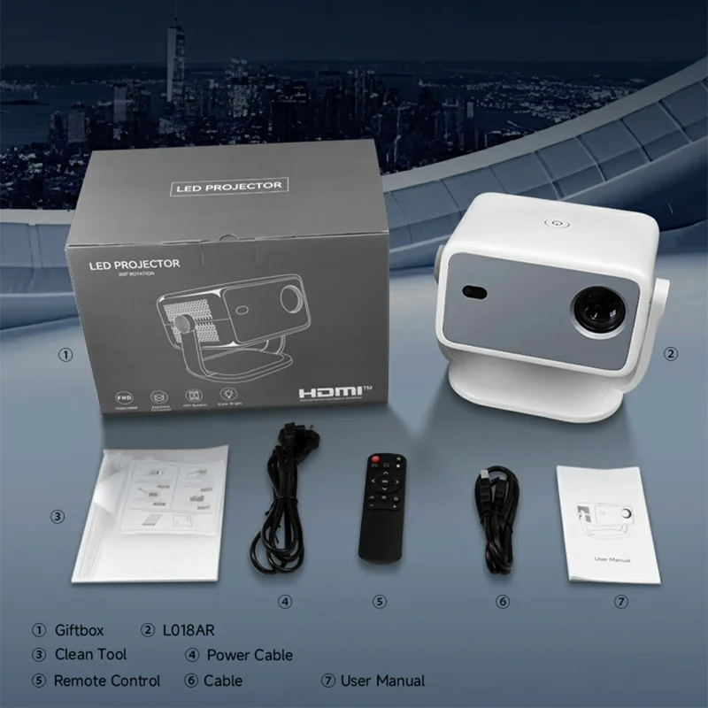 L018AR Full HD 1080P LCD Projector Android 14 H726 Auto Focus Keystone Dual-Band WiFi 6 Home Theater - White+Grey / US Plug