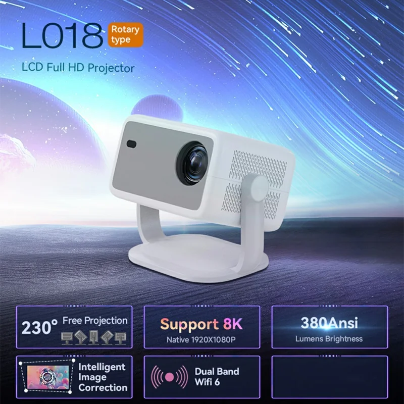 L018AR Full HD 1080P LCD Projector Android 14 H726 Auto Focus Keystone Dual-Band WiFi 6 Home Theater - White+Grey / US Plug