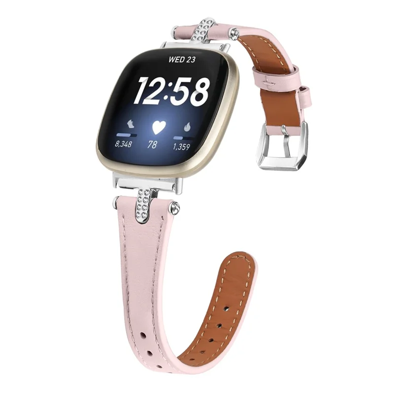 For Fitbit Versa 4 / Sense 2 Watch Band Genuine Cow Leather Rhinestone Decor Strap with Silver Buckle - Pink