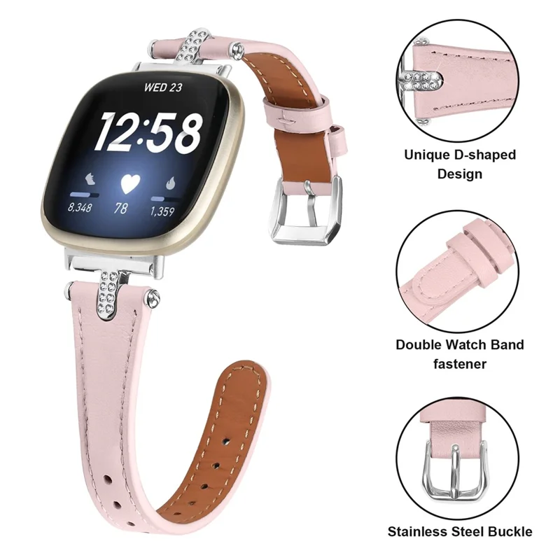 For Fitbit Versa 4 / Sense 2 Watch Band Genuine Cow Leather Rhinestone Decor Strap with Silver Buckle - Pink