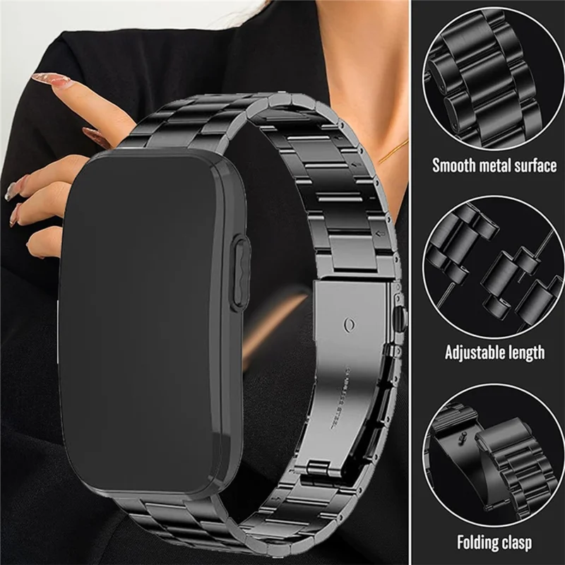 14mm Universal Watch Strap for Garmin CIRQA Smart Band / Lily 2 3-Bead Stainless Steel Folding Clasp Replacement Band - Black