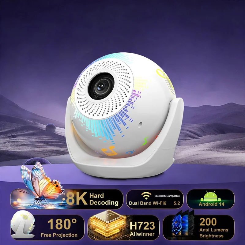 V6 Smart Projector 8K Decoding 200 ANSI Lumens 180° Rotation Android 14 Wi-Fi 6 Karaoke for Home Theater - EU Plug