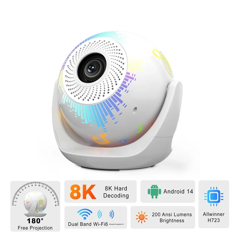 V6 Smart Projector 8K Decoding 200 ANSI Lumens 180° Rotation Android 14 Wi-Fi 6 Karaoke for Home Theater - EU Plug