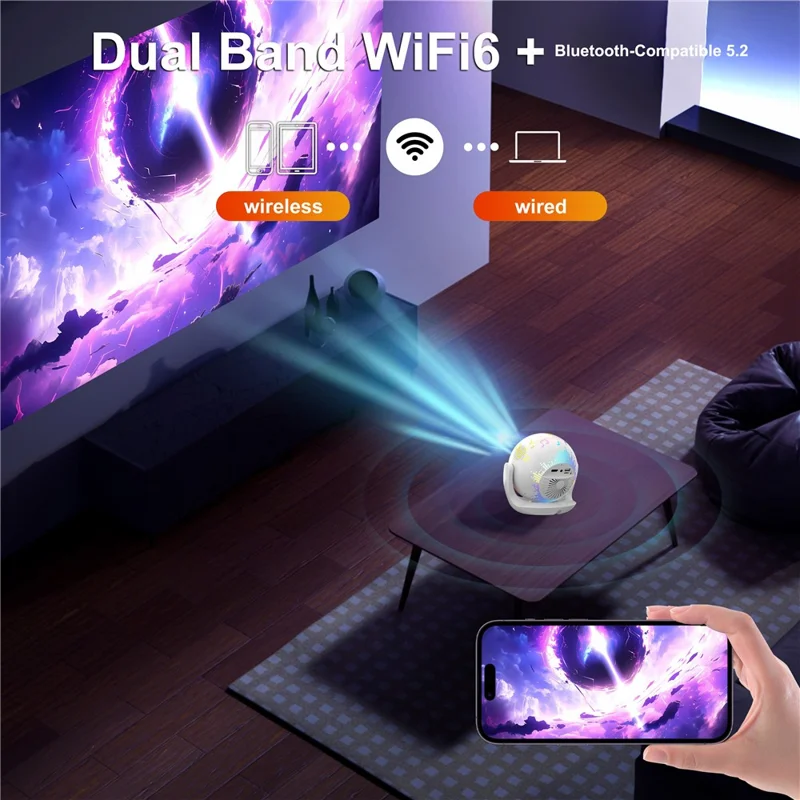 V6 Smart Projector 8K Decoding 200 ANSI Lumens 180° Rotation Android 14 Wi-Fi 6 Karaoke for Home Theater - EU Plug