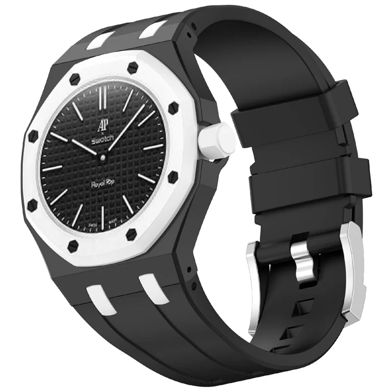 For Swatch Royal Pop Silicone Adjustable Watch Strap 3 O'clock Direction Replacement Band - Black+White