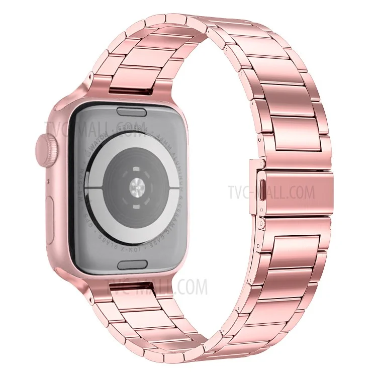 Slim Solid Stainless Steel Watch Band 3 Beads Metal Replacement Watchband Bracelet for Apple Watch Ultra 49mm / Ultra 2 49mm / Series 9 45mm / SE (2023) 44mm / Series 8 45mm / 7 45mm / SE 44mm / SE (2022) 44mm / Series 6 / 5 / 4 44mm /  Series 3 / 2 / 1 42mm - Pink