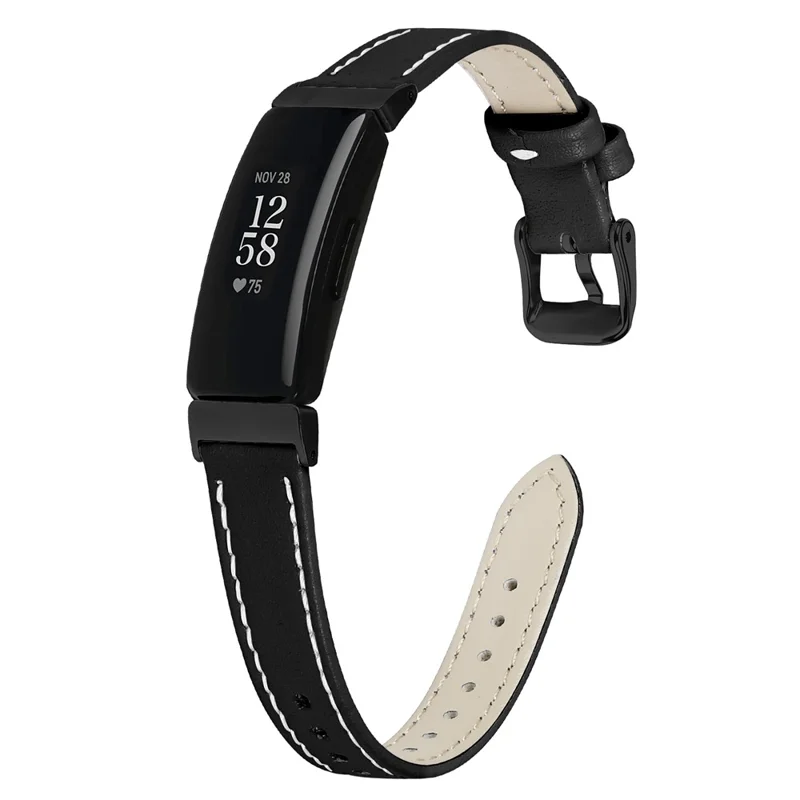 Para Fitbit Inspire Pulseira de Couro Genuíno de Vaca com Fivela Ajustável Preta - Preto