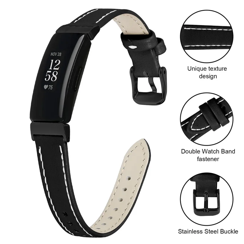 Para Fitbit Inspire Pulseira de Couro Genuíno de Vaca com Fivela Ajustável Preta - Preto