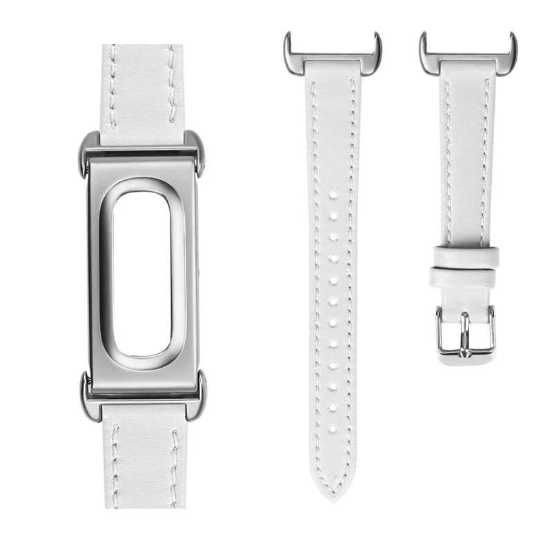 14mm Watch Strap for Google Fitbit Air Genuine Cow Leather Adjustable Band with Watch Case, Silver Buckle - White