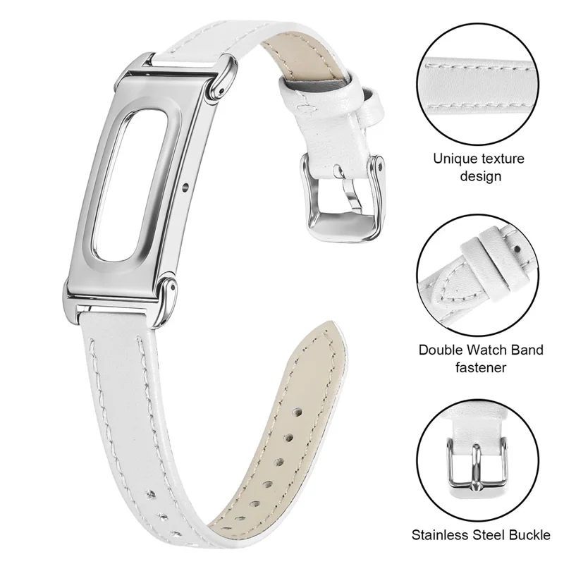 14mm Watch Strap for Google Fitbit Air Genuine Cow Leather Adjustable Band with Watch Case, Silver Buckle - White