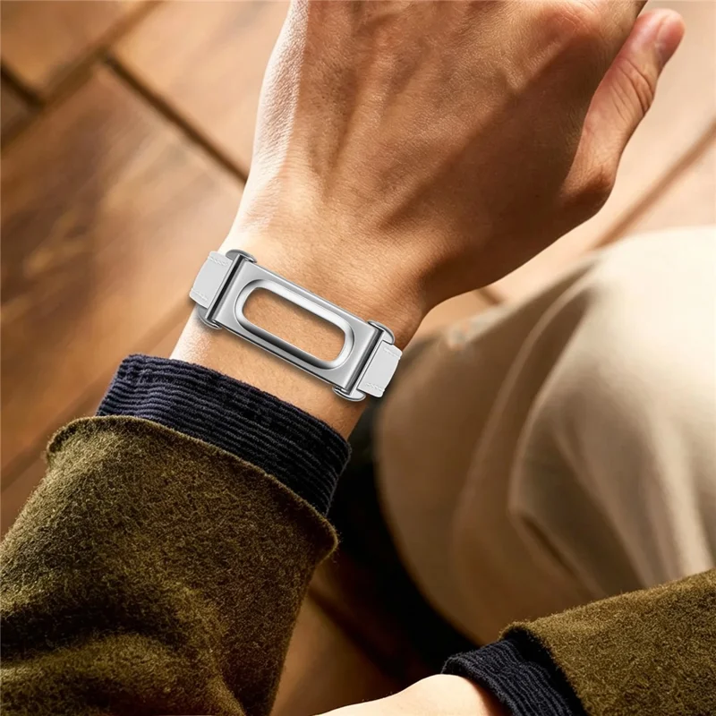 14mm Watch Strap for Google Fitbit Air Genuine Cow Leather Adjustable Band with Watch Case, Silver Buckle - White