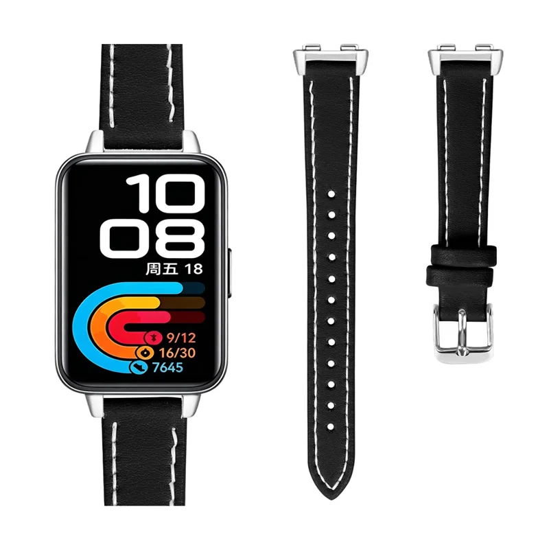 For Huawei Band 10  /  9  /  8 Genuine Cow Leather Watch Strap Adjustable Replacement Band with Silver Buckle - Black