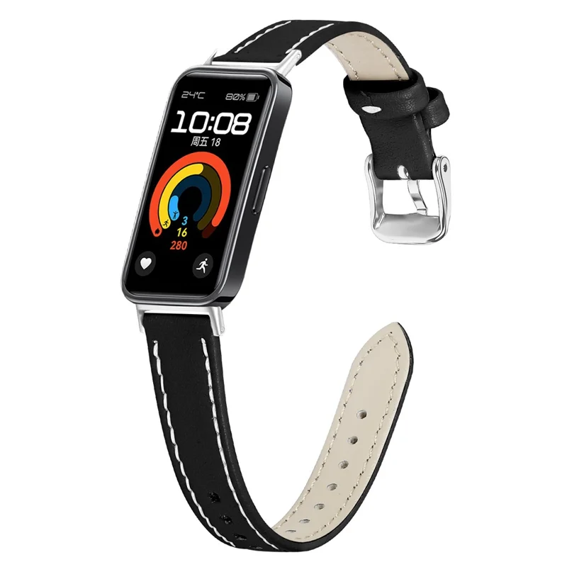 For Huawei Band 10  /  9  /  8 Genuine Cow Leather Watch Strap Adjustable Replacement Band with Silver Buckle - Black